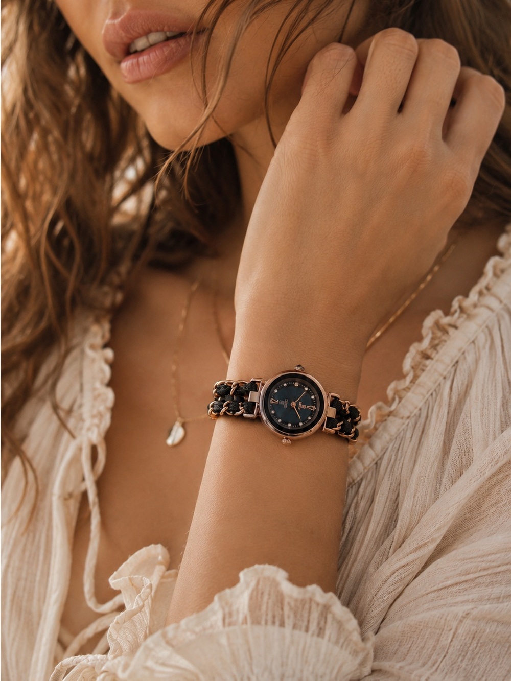 Rose Gold & Black Braided Chain Watch | Luxe Statement Bracelet Style